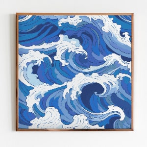 May include: A framed art print depicting ocean waves in a pixelated design, using shades of blue and white. The artwork is encased in a brown wooden frame. The waves are shown in a repeating pattern, creating a sense of movement and depth, suitable for home decor.