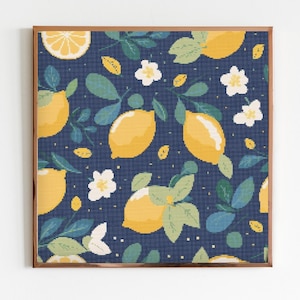 Lemon Repeating Cross Stitch Sewing Modern Embroidery Pattern Instant DMC Download Bunch of Flowers Beginner Blue Yellow Citrus Fruit Lemons