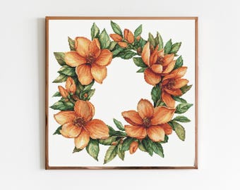 Couronne botanique magnolia, point de croix, motif bouquet de fleurs pour débutant, idée cadeau pour anniversaire de mariage