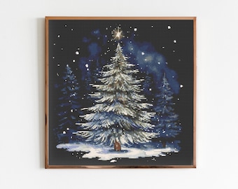 Christmas Tree Winter Forest Cross Stitch Sewing Embroidery Pattern X-Stitch Landscape Cottagecore River Art Forest Moon Christmas