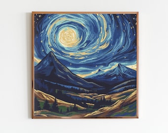 水彩画「星空の夜」森の湖クロスステッチパターン：ゴッホ風風景画 PDF