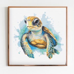 Meeresschildkröte Kreuzstich Stickmuster Stickdatei DMC Meer Süß Ozean Aquarell