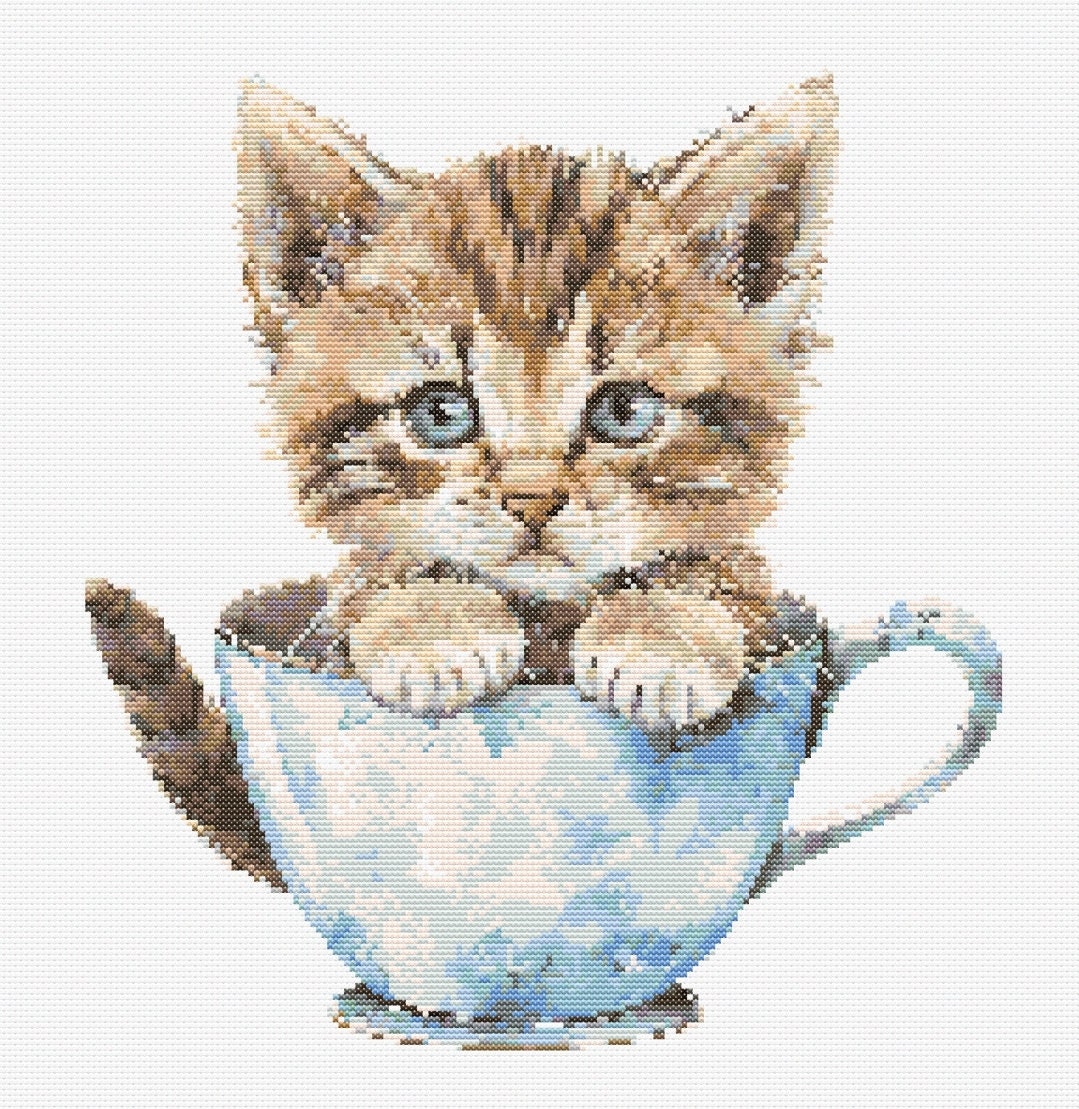 ティーカップの中のかわいい子猫 クロスステッチ 縫製 刺繍 パターン