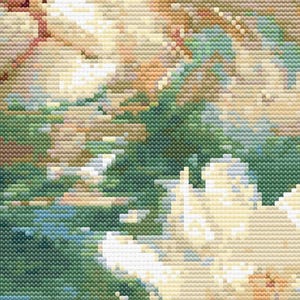 May include: A close-up of a painting with a soft, abstract design. The painting features a blend of light blue, green, and cream colors, creating a dreamy and ethereal effect.