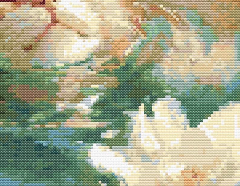 May include: A close-up of a painting with a soft, abstract design. The painting features a blend of light blue, green, and cream colors, creating a dreamy and ethereal effect.