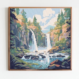 Berg Wasserfall Kreuzstich nähen Stickerei Muster Instant DMC Download X-Stitch Landschaft Cottagecore Handarbeit