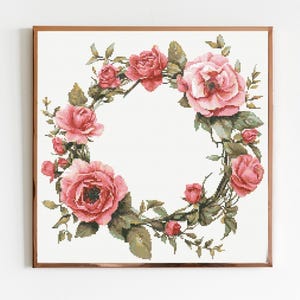 ピンクのバラの花輪クロスステッチ縫製モダン刺繍パターンインスタントDMCダウンロード花束バレンタインフローラルウェディングローズ
