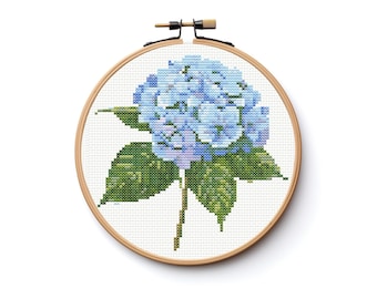 Patrón de bordado moderno de punto de cruz de hortensias. Descarga instantánea DMC. Ramo de flores. Plantas de jardín para principiantes. Botánico.