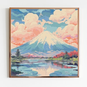 Berg Fuji Berg Berg X-Stich Landschaft Kreuzstich Nähanleitung Cottagecore Handstickerei Japan