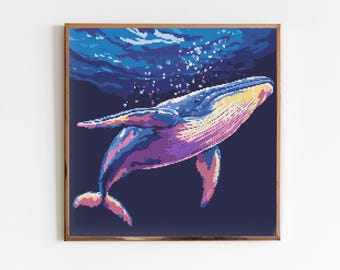Patrón de bordado y costura de punto de cruz de ballena azul Descarga instantánea de DMC Mar Lindo Océano Acuarela Océano Vida marina Azul profundo Arte cottagecore