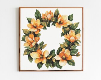 Couronne botanique magnolia, point de croix, motif bouquet de fleurs pour débutant, idée cadeau pour anniversaire de mariage
