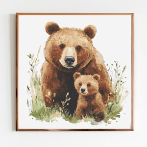Bear and Cub in a Woodland Clearing Cross Stitch Sewing Embroidery Pattern Instant DMC Download X-Stitch Landscape Cottagecore Needlework