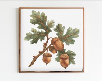 Oak Tree Branch with Acorn Cross Stitch Pattern Counted Sewing Modern Embroidery Beginner Simple Small Practice Sample Botanical Forest