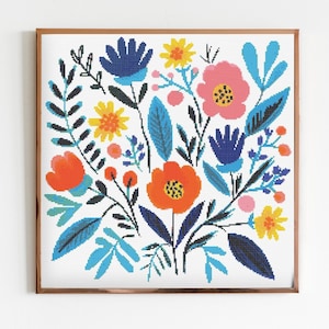 Patrón de bordado y costura para punto de cruz con ramo de flores abstractas de colores Descarga instantánea de DMC Matisse Boho Boho Floral Modern M1
