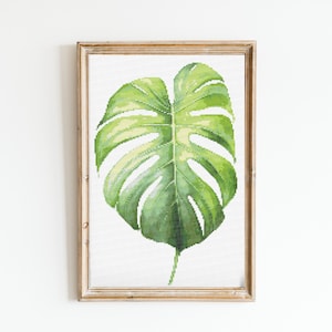Riesen Monstera Blatt Botanische Kreuzstich Nähen Moderne Stickerei Muster Instant DMC Download Blumenstrauß Anfänger