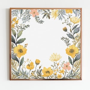 Gelb Botanische Blumenbordüre Kreuzstich Nähen Moderne Stickerei Muster Download Blumenstrauß Anfänger Hochzeitsgeschenk