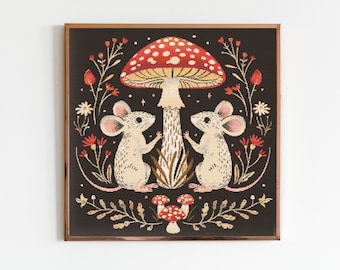 Folklore Mouse Cross Stitch Pattern Sewing Embroidery Dark X-Stitch Cottagecore Witchy Woodland Witchcraft Gothic Cute Fly Argaric Mushroom