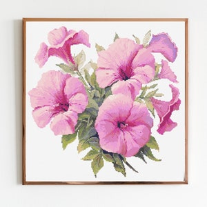 Flores de petúnia rosa ponto cruz botânico costura padrão de bordado moderno download instantâneo DMC buquê de flores floral iniciante casamento