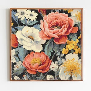 Donkere bloemen C-kruissteek naaien Modern borduurpatroon Instant DMC Botanische bos bloemen beginners pioenrozen