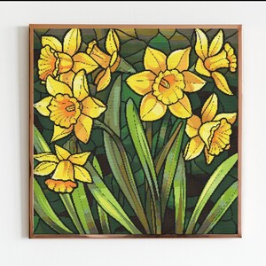Frühling Narzisse Botanische Kreuzstich Nähen Moderne Stickerei Muster Instant DMC Download Blumenstrauß Anfänger Glasmalerei