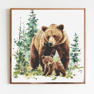 Bear and Cub in a Woodland Clearing Cross Stitch Sewing Embroidery Pattern Instant DMC Download X-Stitch Landscape Cottagecore Needlework
