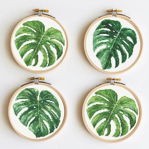 Set von 4 Kleine Monstera Blätter Botanische Kreuzstich Nähen Moderne Stickerei Anleitung Sofortiger Blumenstrauß Anfänger B Sukkulenten Geschenk