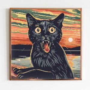 May include: A black cat with a wide open mouth and large eyes is depicted in a painting reminiscent of Edvard Munch's "The Scream". The background is a swirling mix of orange, yellow, and blue hues.