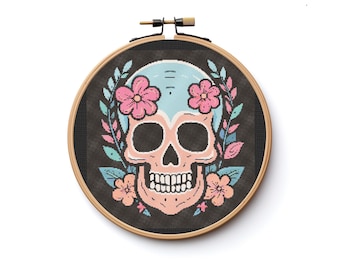 花柄のスカル スケルトン クロスステッチ パターン 縫製 モダン 刺繍 即時ダウンロード ダーク X ステッチ コテージコア 魔女 魔術 ゴシック