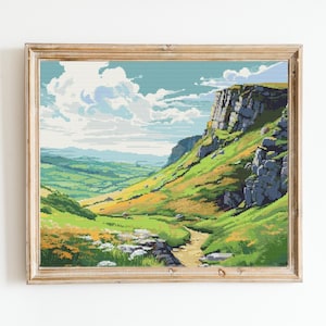 Puede incluir: Una pintura enmarcada de un valle verde con un acantilado rocoso en el fondo. El cielo es azul con nubes blancas. La pintura está en un marco de madera.