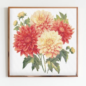 Dahlia Flowers Cross Stitch Sewing Modern Embroidery Pattern Instant DMC Download Bunch of Flowers Floral Wedding Artwork Gift Mexican