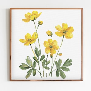 Buttercup botanische Kreuzstich nähe moderne Stickerei Muster DMC Download Blumenstrauß Anfänger