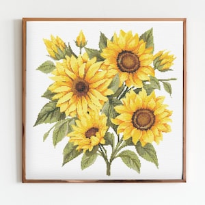 Patrón de bordado moderno de costura de punto de cruz de girasoles Descarga instantánea de DMC Ramo de flores para principiantes