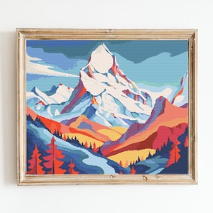 Verschneite Berge Kreuzstich Nähmuster Instant X-Stitch Landschaft Cottagecore Nadeln Alpen Rockies Ski Snowboard H