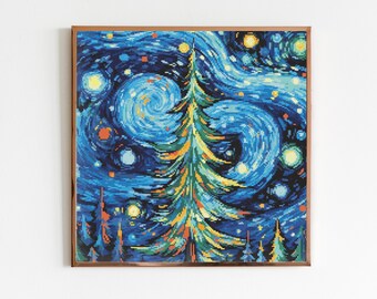 Van Gogh Style Christmas Tree Winter Forest Cross Stitch Sewing Embroidery Pattern X-Stitch Landscape Cottagecore Art Forest Starry Night