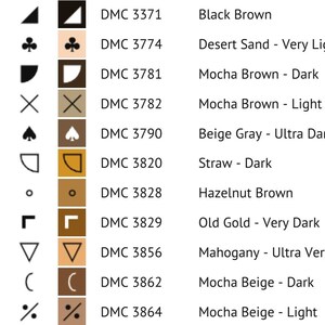 May include: A chart with DMC floss colors and their corresponding names. The chart includes a variety of brown, beige, and gold colors. The DMC floss numbers are listed next to each color.