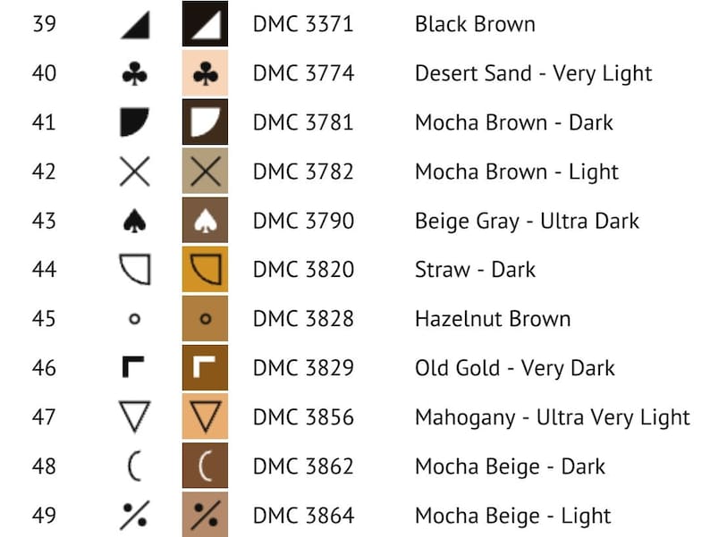 May include: A chart with DMC floss colors and their corresponding names. The chart includes a variety of brown, beige, and gold colors. The DMC floss numbers are listed next to each color.