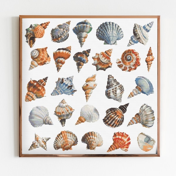 Sea Shells Cross Stitch Sewing Embroidery Pattern Instant DMC Download Cottagecore X-Stitch Ocean Seashells Needlework Sea Clam Conch Cute A