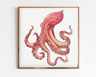 Pink Squid Cross Stitch Sewing Embroidery Pattern Instant DMC Sea Cute Ocean Watercolour Ocean Sealife Deep Blue Cottagecore Art Octopus