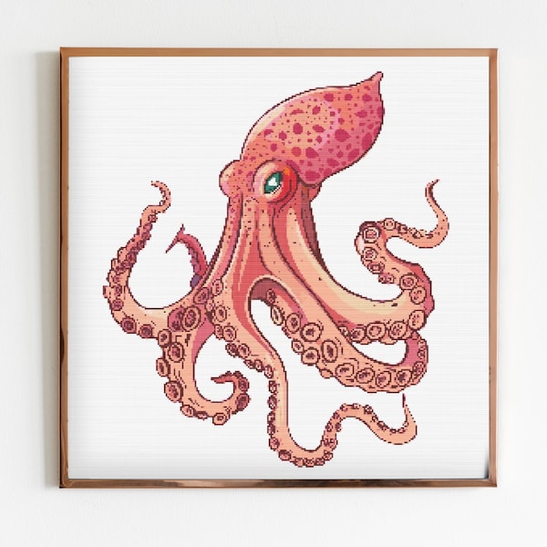 Pink Squid Cross Stitch Sewing Embroidery Pattern Instant DMC Sea Cute Ocean Watercolour Ocean Sealife Deep Blue Cottagecore Art Octopus