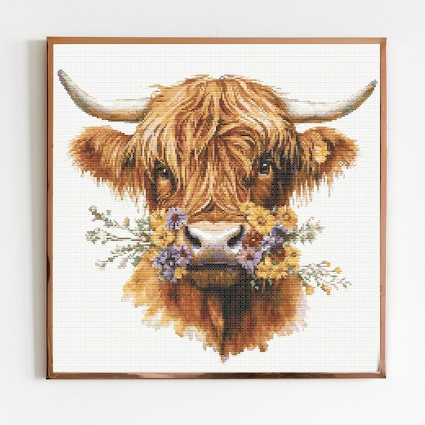 Hairy Highland Cow Cross Stitch Sewing Embroidery Pattern Instant DMC Download Bird Farmyard Woodland Flowers Floral Spring