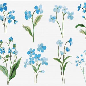 Vergissmeinnicht Wildblumen Botanische Kreuzstich Nähen Moderne Stickerei Muster DMC Sofort Download Blumenstrauß Anfänger