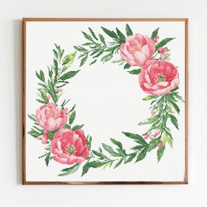 Guirlanda floral botânica de peônias, ponto cruz, costura, bordado moderno, flores de aniversário, presente de casamento para iniciantes, guardião de padrões
