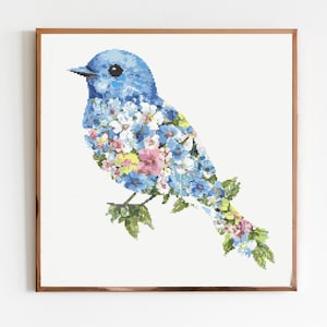 花柄の青い鳥のクロスステッチ刺繍パターンインスタントDMCダウンロード鳥農場の森海の生き物鳥海カラフルな鳥アオガラ