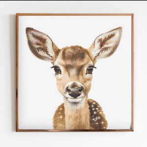 Patrón de bordado y costura para punto de cruz de ciervo, regalo de vida silvestre, linda obra de arte para guardería, arte bohemio, escandinavo, animal salvaje, bebé joven, Bambi