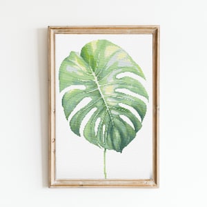 Patrón de bordado moderno de costura de punto de cruz botánico con hojas de Monstera Descarga instantánea de DMC Ramo de flores para principiantes