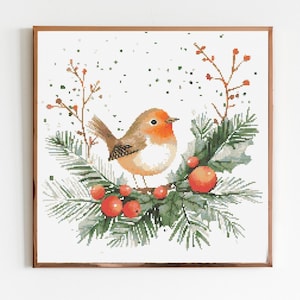 Christmas Robin C Cross Stitch Sewing Embroidery Pattern Instant DMC Bird Farmyard Woodland Garden Birds Red Christmas Cardinal Nursery Gift