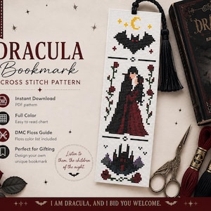 Dracula Bookmark Cross Stitch Pattern Instant Download DMC Thorns Roses Sewing Book Mark Gift Idea Cottagecore Small Tiny
