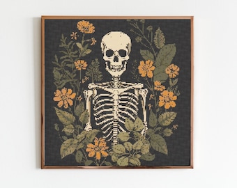 Skeleton Gardener Cross Stitch Pattern Sewing Modern Embroidery Instant Download Dark X-Stitch Cottagecore Witchy Witchcraft Gothic Spooky