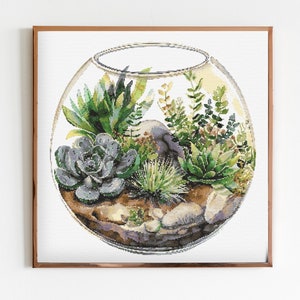 Botanisches Terrarium Kreuzstich Nähen Moderne Stickerei Muster Instant DMC Download Blumen Anfänger Sukkulente Blumen Geschenk Terranium