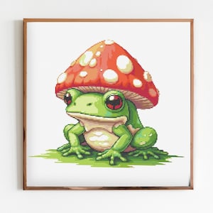 Frog in a Mushroom Hat Cross Stitch Pattern Sewing Modern Embroidery Dark Cottagecore X-Stitch Witchy Woodland Witchcraft Gothic Folklore